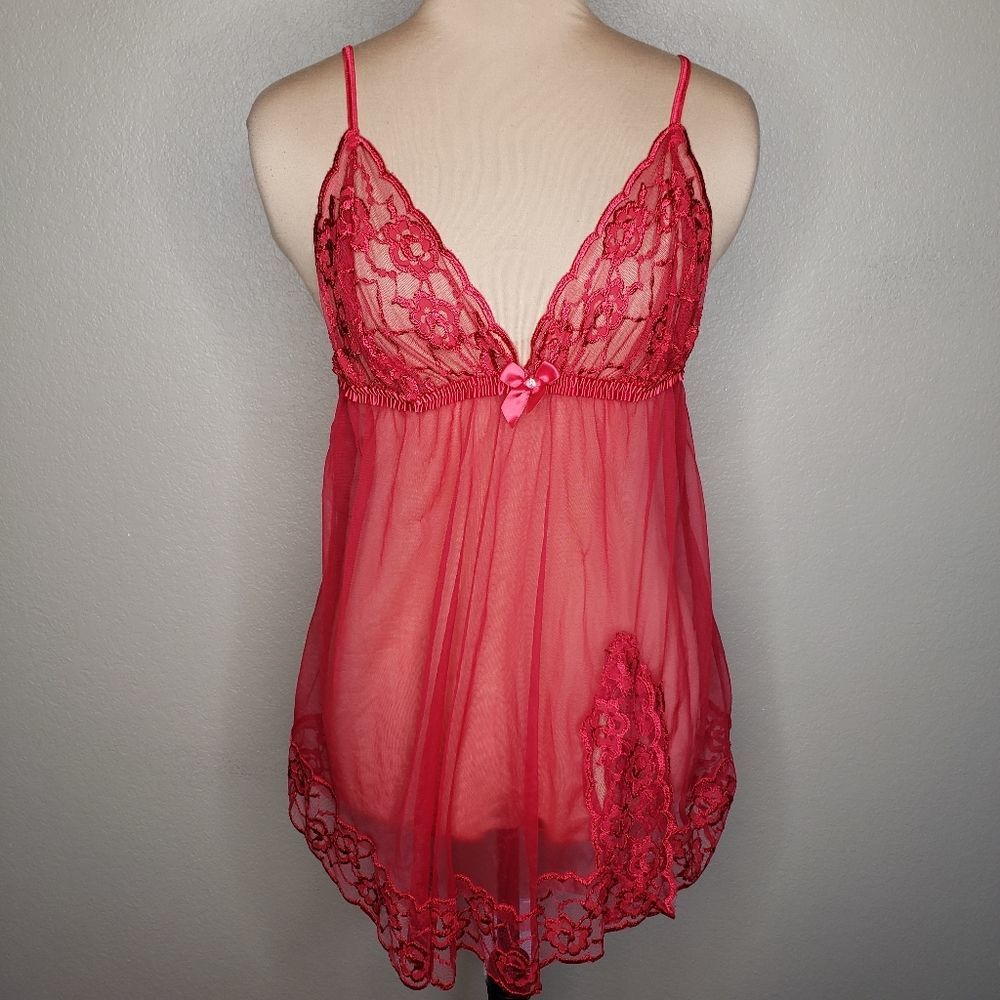 Frederick's Of Hollywood 1X Red Lace Sheer Chemise Lingerie Babydoll